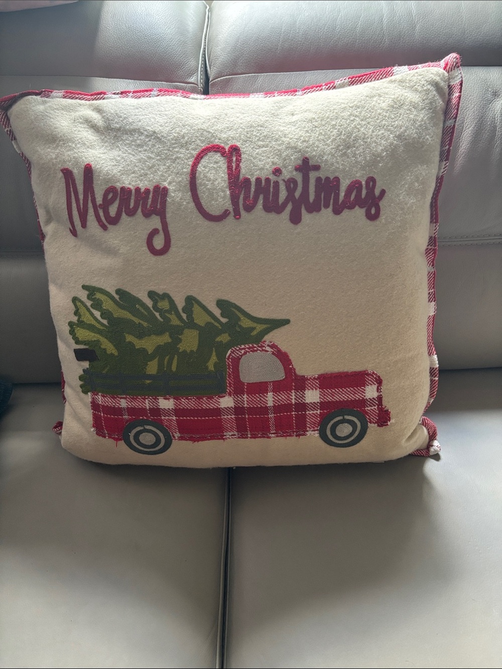 Merry Christmas Plaid Truck Holiday Pillow - Cream, Red & Green